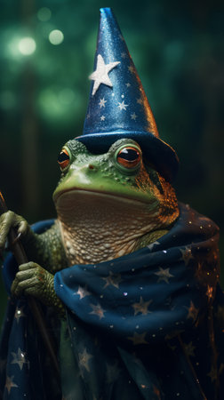 Frog dressed up as a wizard in the forest. Halloween.の素材