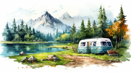 RV Camping on the shore of a mountain lake. digital watercolor paintingの素材