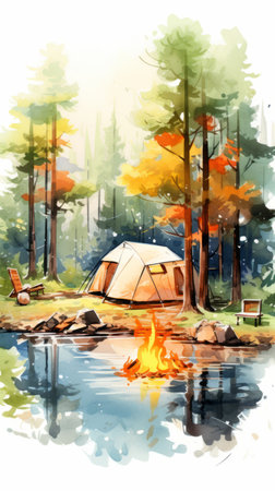Camping in the woods. Watercolor painting. Vector illustration.の素材