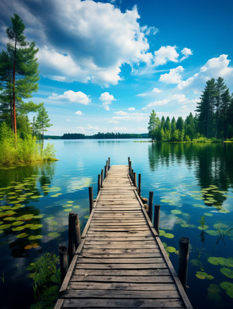 Wooden pier on the lake. Beautiful summer landscape with blue sky.の素材
