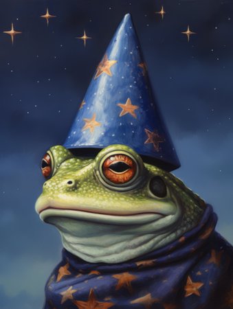 Frog in a party hat with a star in the night skyの素材