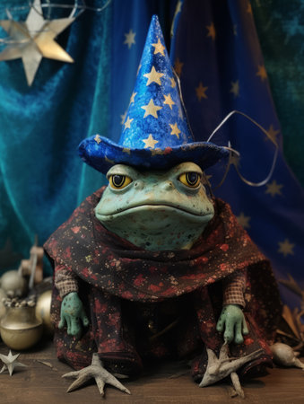 Frog in the hat of the wizard with stars and Christmas decorationsの素材