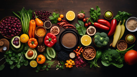 Healthy food clean eating selection. Vegetables, fruits and superfoods on wooden background.の素材