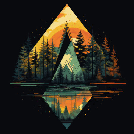 Vector illustration of a triangle in the form of a mountain and forestの素材
