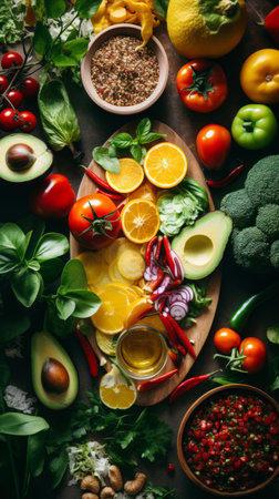 Variety of fresh vegetables and spices on wooden background. Healthy eating concept. Top view.の素材