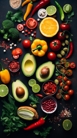 Healthy food background. Fresh vegetables and fruits on black background.の素材