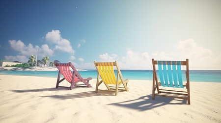 Colorful deck chairs on a tropical beach. 3D Renderingの素材