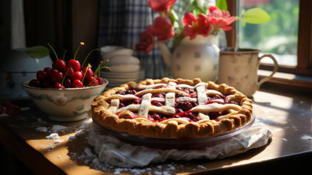 cherry pie on the table in a rustic style, selective focusの素材