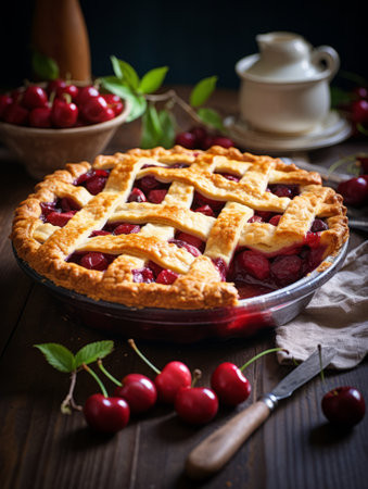 Cherry pie with fresh cherries on a wooden background. Selective focus.の素材