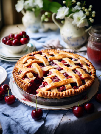 cherry pie on a wooden background. rustic style. selective focusの素材