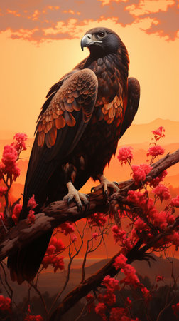 3d rendering of an eagle sitting on a branch with red flowersの素材
