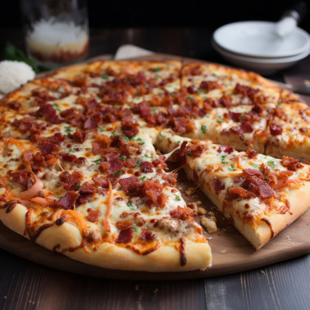 Pizza with bacon, mozzarella and cheese on wooden tableの素材