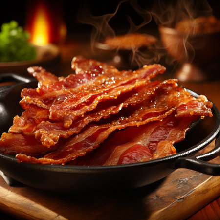 smoked bacon on a frying pan, close-up, verticalの素材