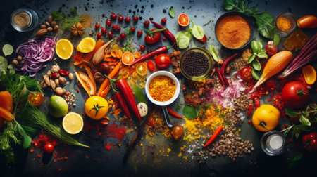 Variety of spices and herbs on dark background. Top view.の素材