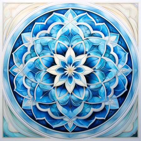 Illustration in stained glass style with abstract blue flower on white backgroundの素材