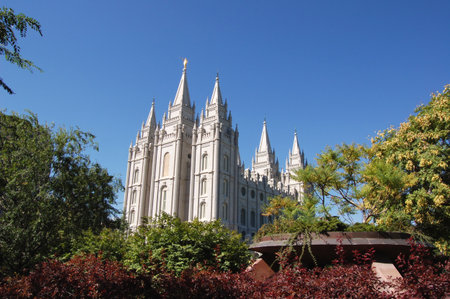 View of The Salt Lake Temple from the Main St Plazaの写真素材