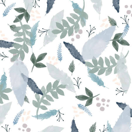 Blue Grey Green Feather Leaves Dots Patternの写真素材