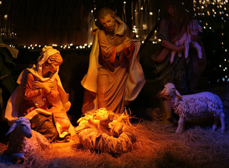 Night shot of a Nativity Sceneの写真素材