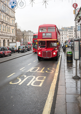 LONDON, UK - DECEMBER 19, 2016: Vintage red double decker bus in motion on the London's streetのeditorial素材