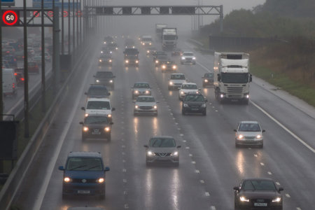 Redbourn, UK - September 21, 2017: Traffic on busy British motorway M1 in a bad rainy weather.