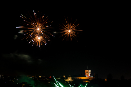 St. Alban, UK - November 03, 2018: Fireworks display in Verulamium Park as a part of celebration of Bonfire night. In the background St. Albans Cathedral.のeditorial素材
