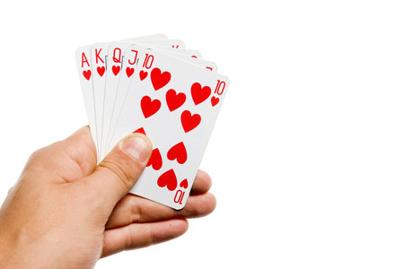 Royal Flush Poker in hand with white backgroundの写真素材