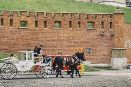 horse-drawn carriage carrying visitors near Wawel in Cracowのeditorial素材