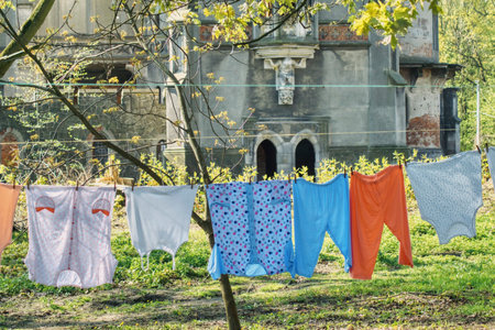 fresh laundry hanging in front of the palace ruin on a spring morning