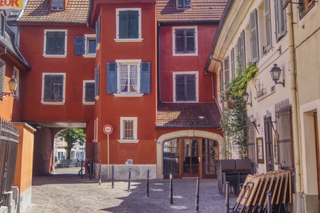 Mulhouse, backyard and red Alsatian tenement house on a sunny summer day	?のeditorial素材