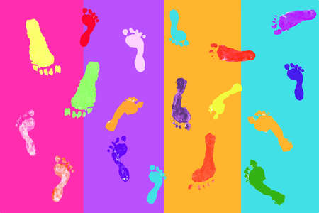 Actual footprints made by children on colorful backgroundの写真素材