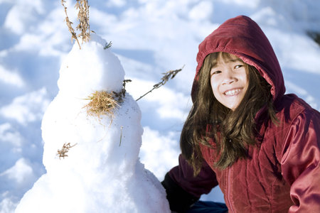 Girl playing in the snowの写真素材