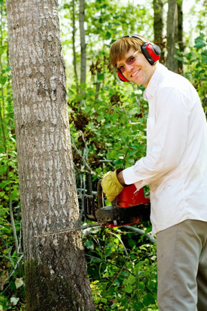 Man cutting down a tree with a chainsaw
