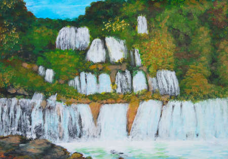 Oil painting on canvas of multi-tiered waterfall in middle of forestの写真素材