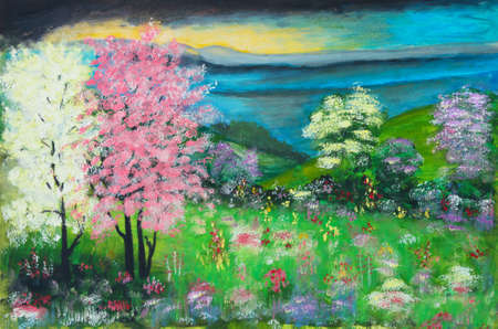 Oil painting on canvas of springtime with fields and hills covered in flowers and blossoming trees in pastel colorsの写真素材