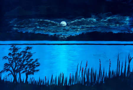 Bright moon peeking from behind cloudsand shining on calm lake at night with blue glowの写真素材