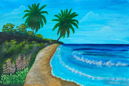 Oil painting on canvas of tropical Coastline with palm trees and sandy beachの写真素材