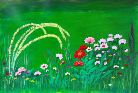 Oil painting on canvas of a row of pink and red flowers on a lush green fieldの写真素材