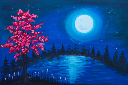 Oil painting of Full moon on blue starlit night shining on hilltop , one tree covered with pink blossoms in frontの写真素材