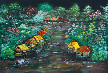 Oil painting of small village of Floating homes on the riverの写真素材