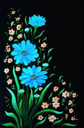 Oil painting of pink tropical flowers with five petals on black canvasの写真素材