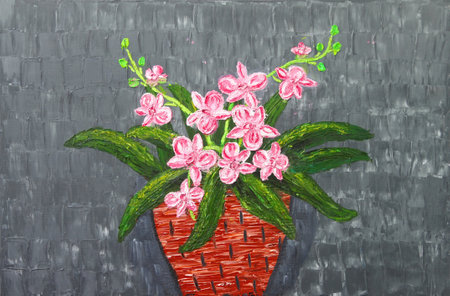 Oil painting of Red and white orchids growing in red clay potの写真素材