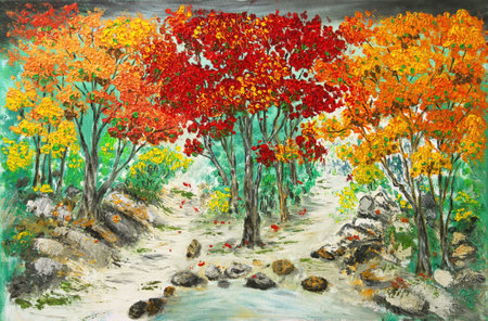 Oil painting of Fork in the path ofcolorful autumn forestの写真素材