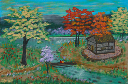 Canvas painting of colorful rural Thai home by river and flowering trees with mountain in backgroundの写真素材