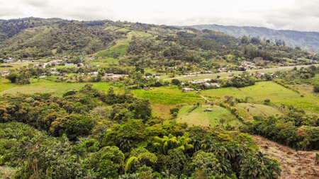 Aerial view of a rural airport and a small town in San Vito, Costa Ricaの写真素材