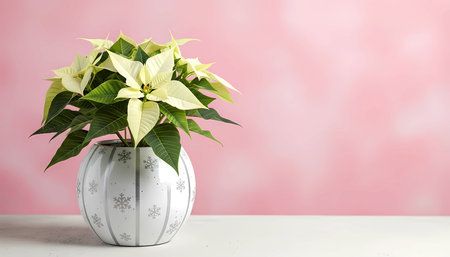 White poinsettia in a vase on a pink backgroundの素材