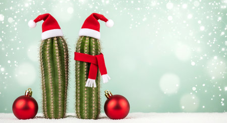 Cute Christmas Cacti with Santa Hats and Ornaments on Snowy Backgroundの素材