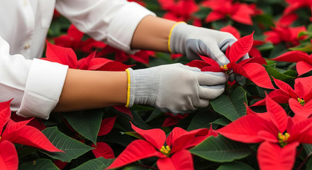 Gardener Hands Caring for Red Poinsettia Plants in Greenhouseの素材