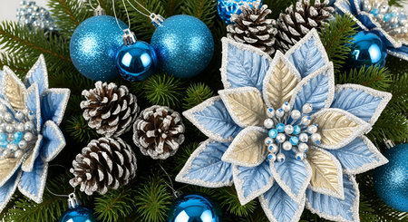 Blue and Silver Christmas Decoration with Glitter Poinsettia, Ornaments, and Evergreen Branchesの素材