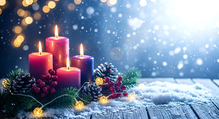 Four Lit Advent Candles in Snowy Christmas Arrangement, Warm Holiday Sceneの素材
