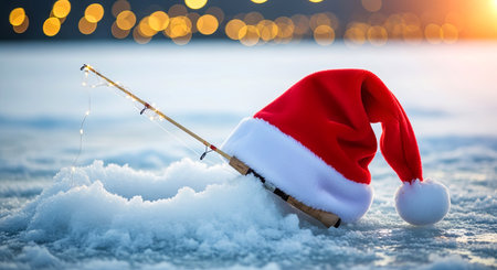 Santa Hat and Fishing Rod on Ice with Christmas Lights, Winter Holiday Sceneの素材